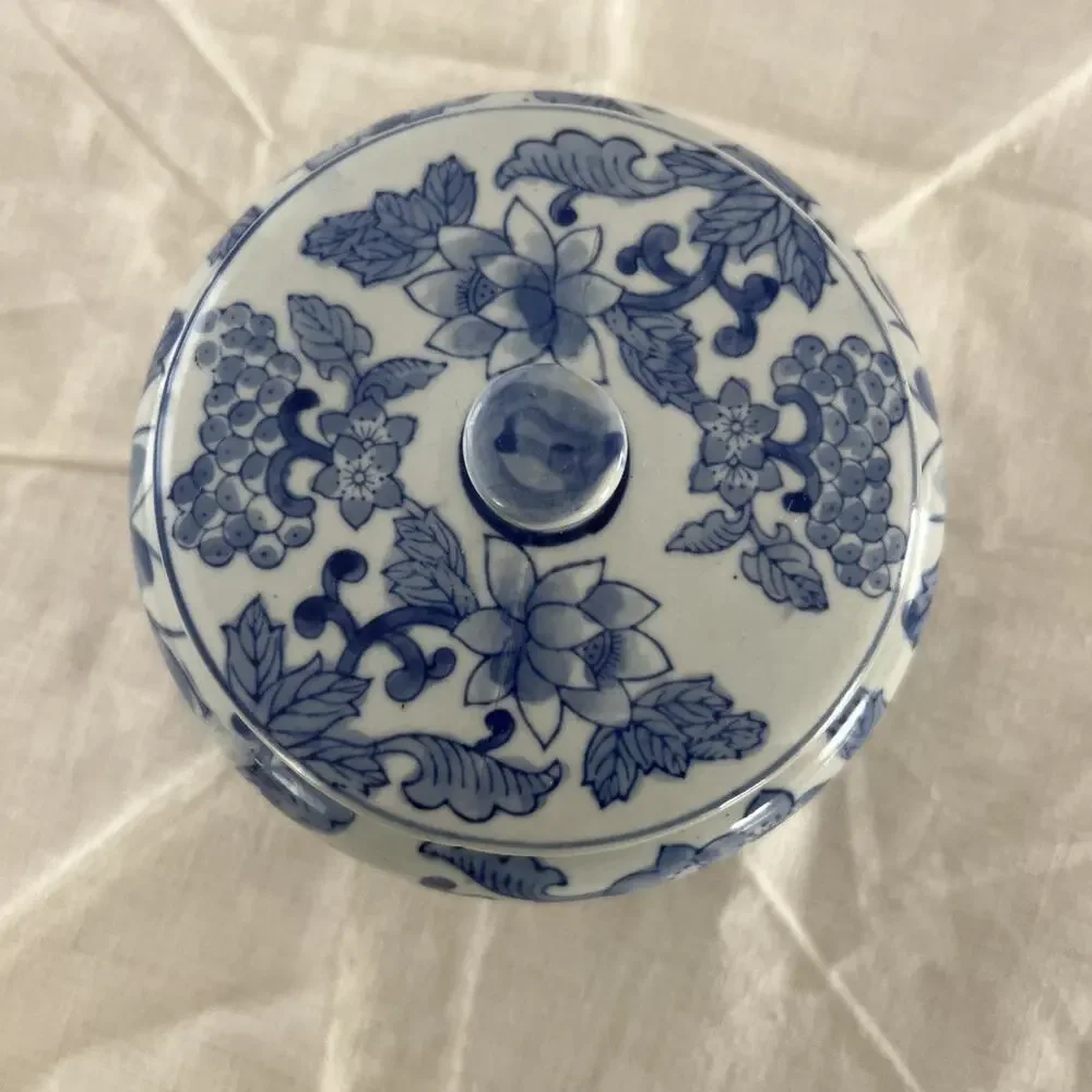 Blue and White Ceramic Floral Round Jar with Lid, Medium, 6 in, Decorative